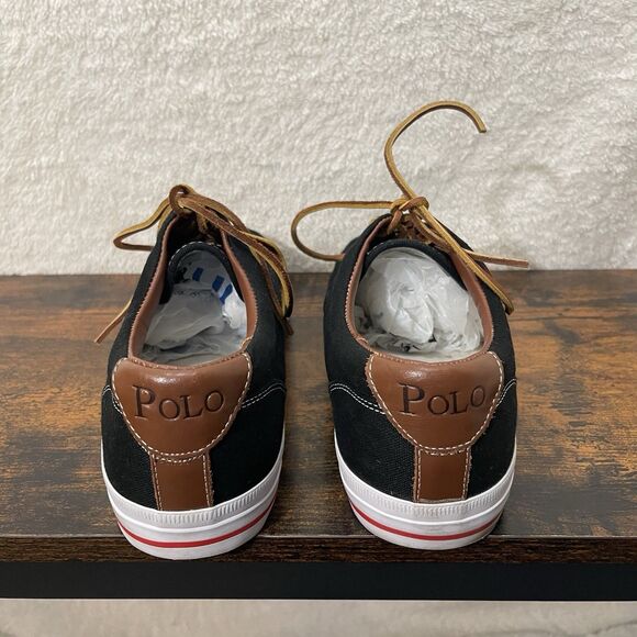 Polo Ralph Lauren Vaughn Mens Shoes 13D Black Canvas Leather Lace Preppy Low Top - Picture 8 of 16